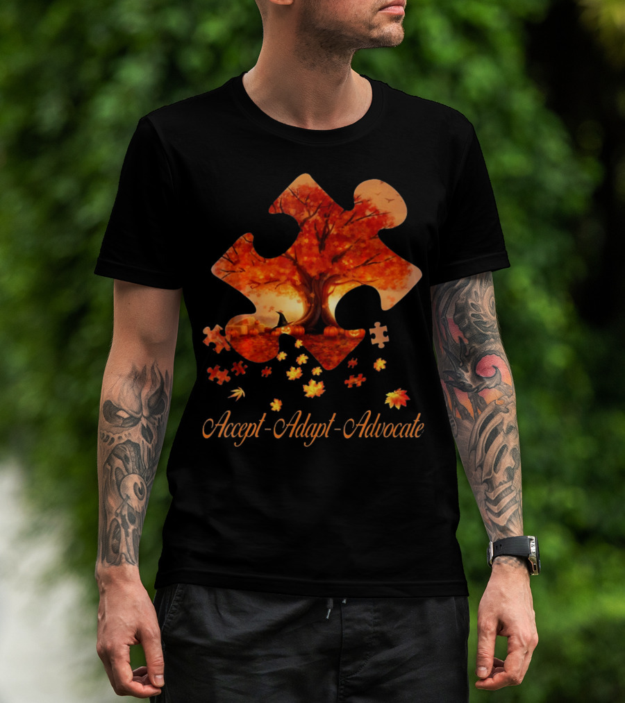 Accept Adapt Advocate Puzzle Autumn Leaves Autism Awareness T-Shirt