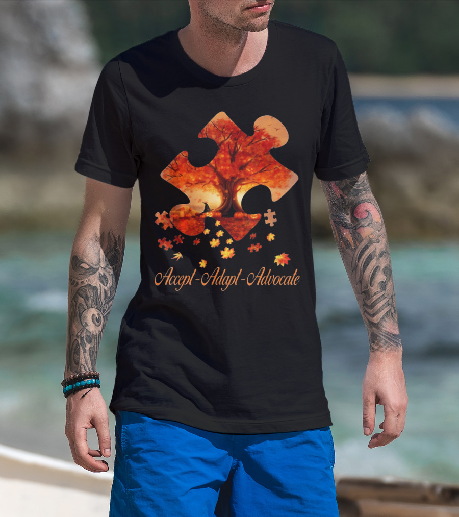 Accept Adapt Advocate Puzzle Autumn Leaves Autism Awareness T-Shirt