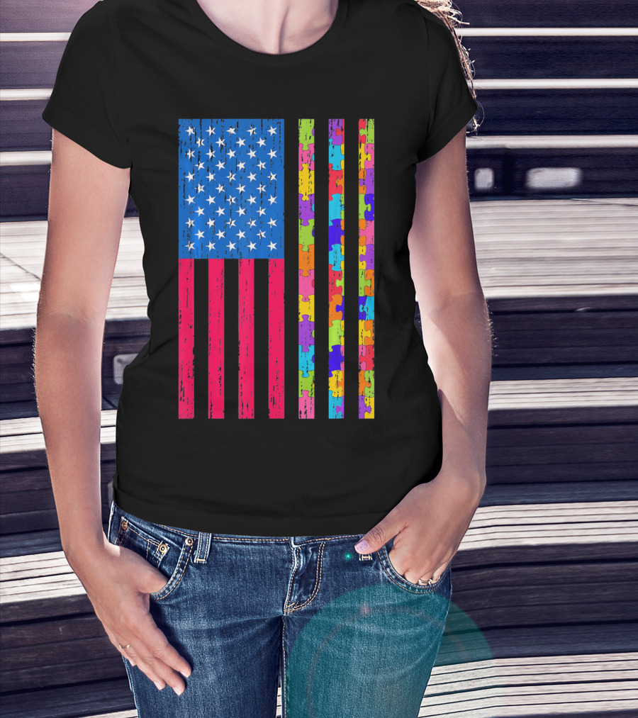 Autism Puzzle Piece American Flag USA T-Shirt