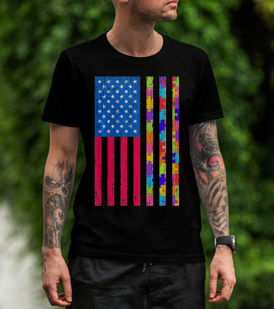 Autism Puzzle Piece American Flag USA T-Shirt