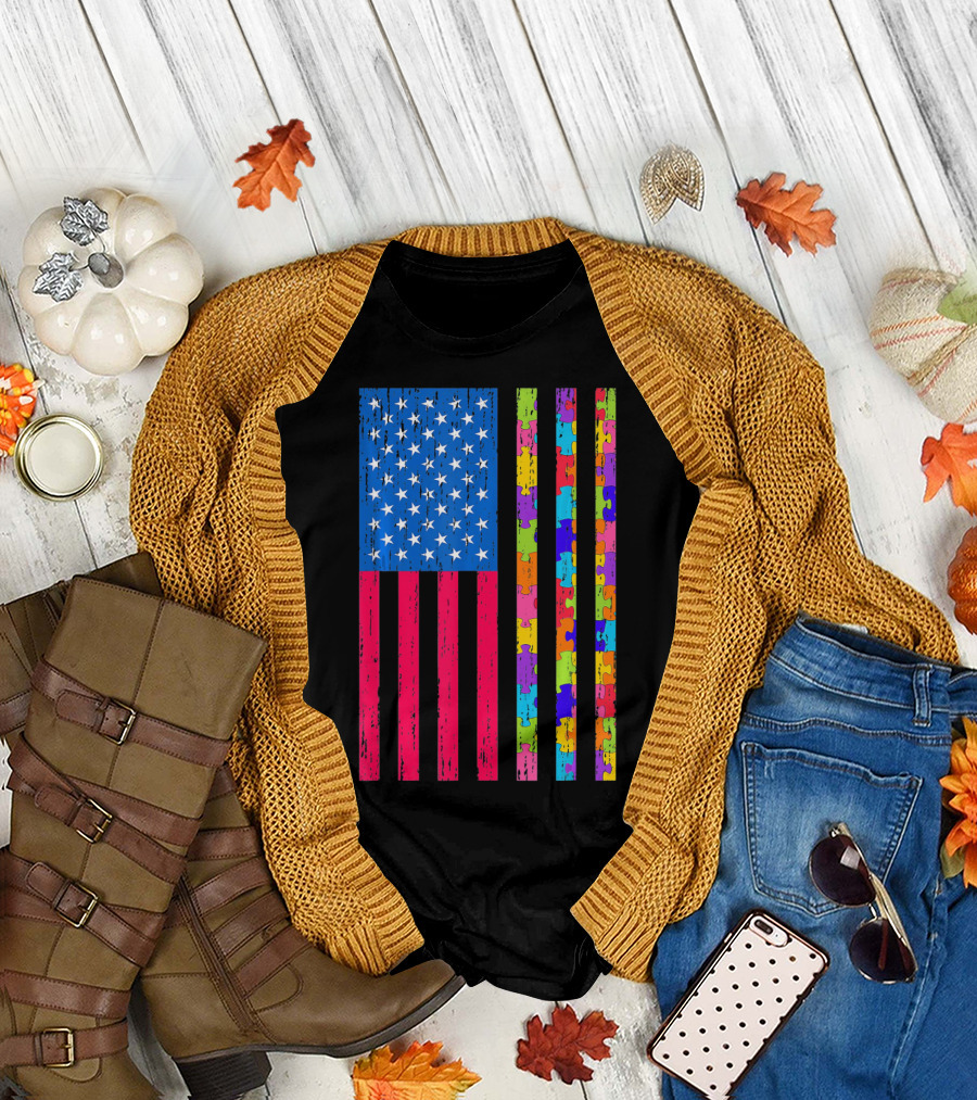 Autism Puzzle Piece American Flag USA T-Shirt