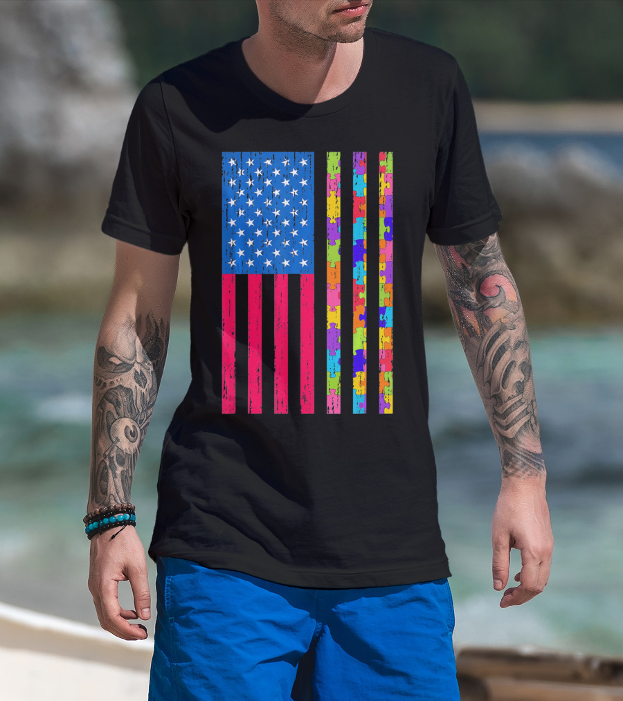 Autism Puzzle Piece American Flag USA T-Shirt