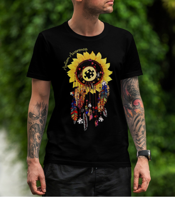Autism Awareness Sunflower Puzzle Dreamcatcher Feathers T-Shirt