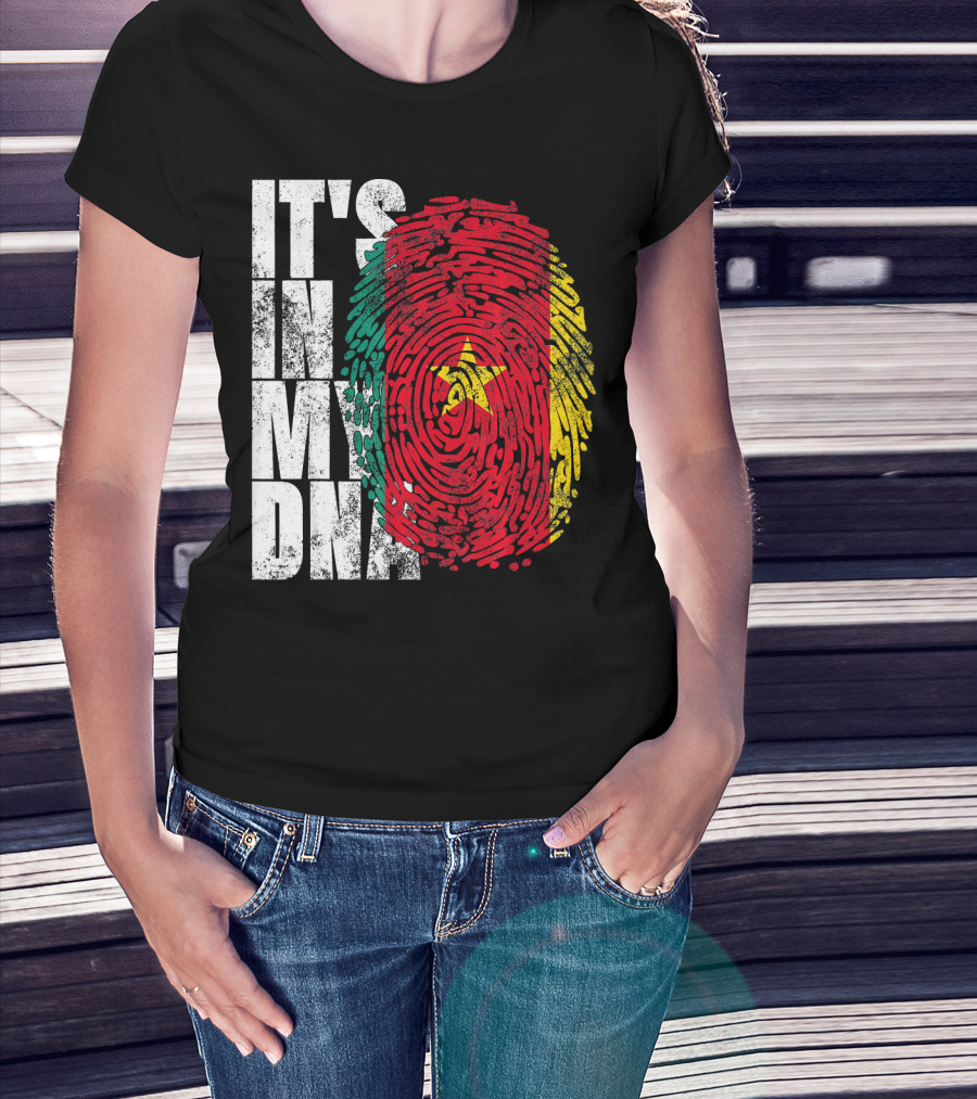 IT'S IN MY DNA Cameroonian Afro American Flag Fingerprint T-Shirt