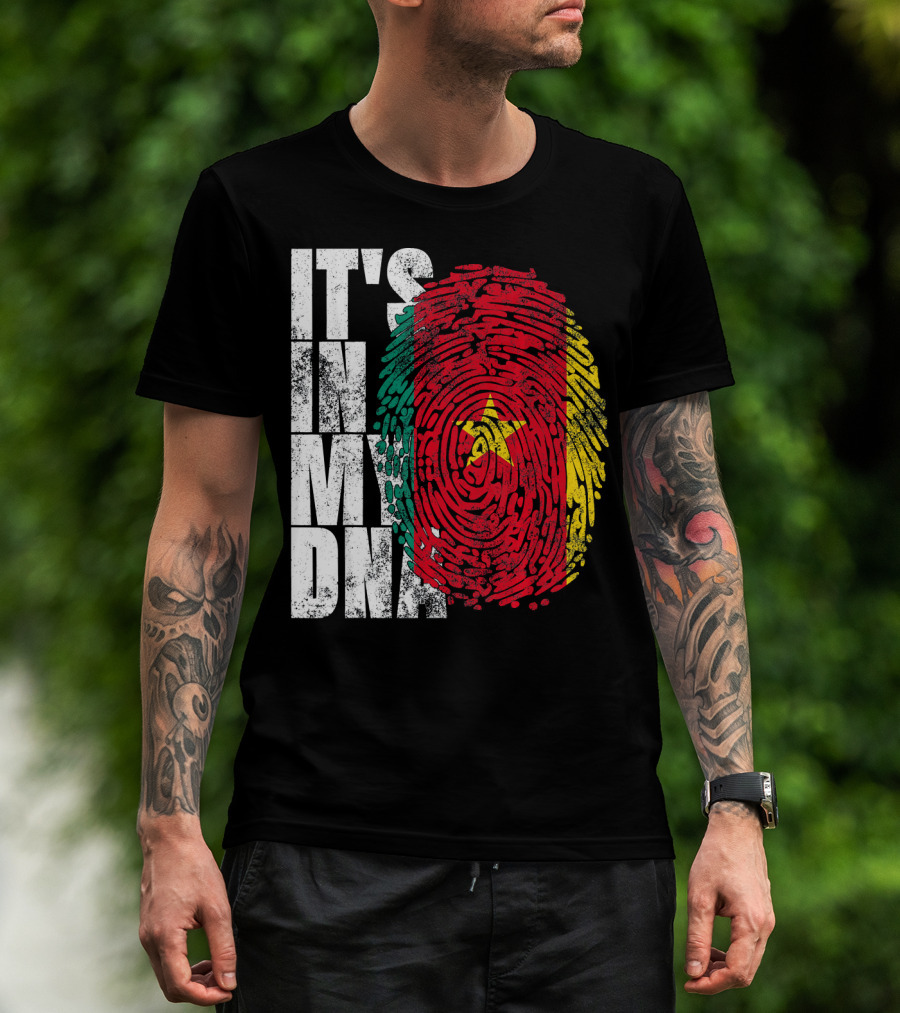 IT'S IN MY DNA Cameroonian Afro American Flag Fingerprint T-Shirt