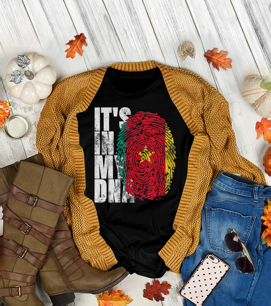IT'S IN MY DNA Cameroonian Afro American Flag Fingerprint T-Shirt