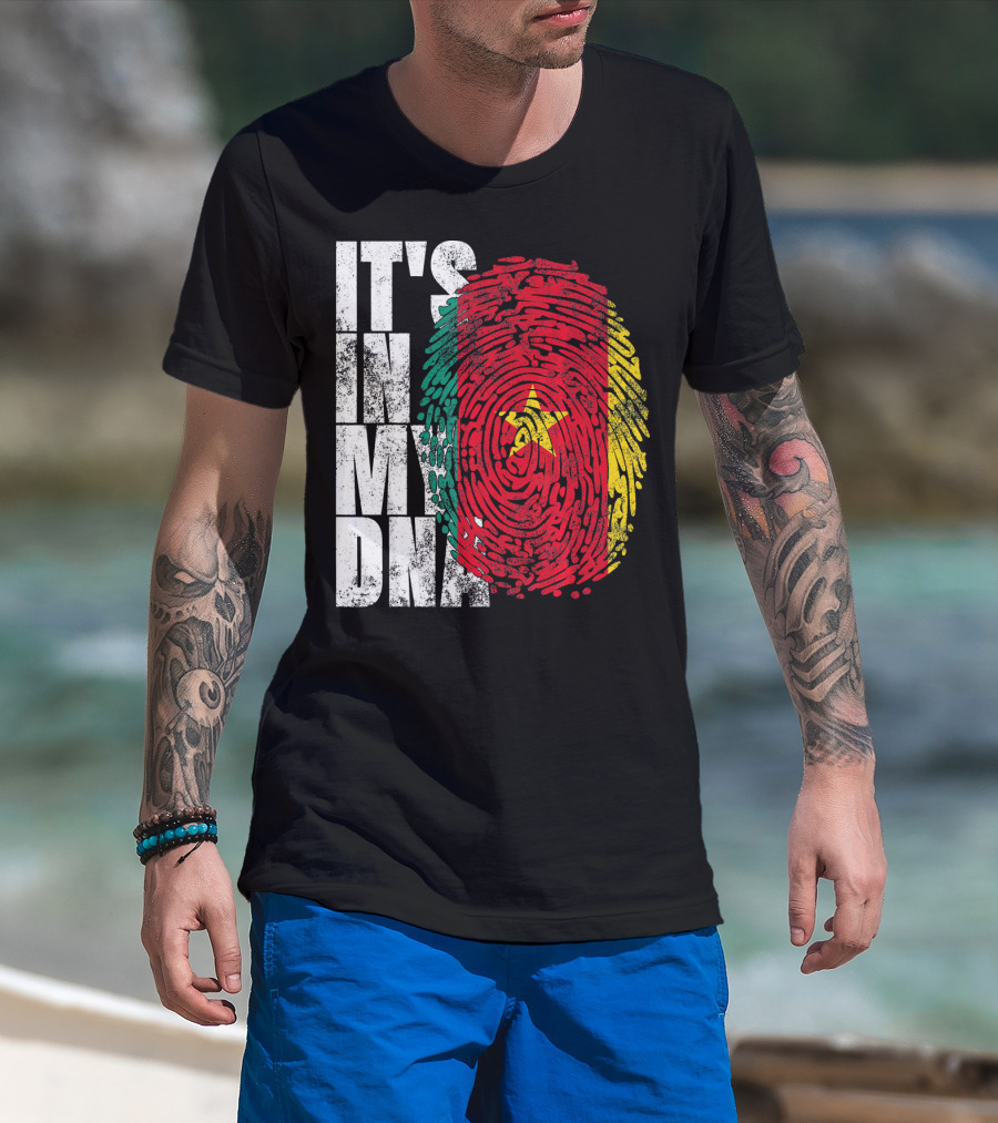 IT'S IN MY DNA Cameroonian Afro American Flag Fingerprint T-Shirt