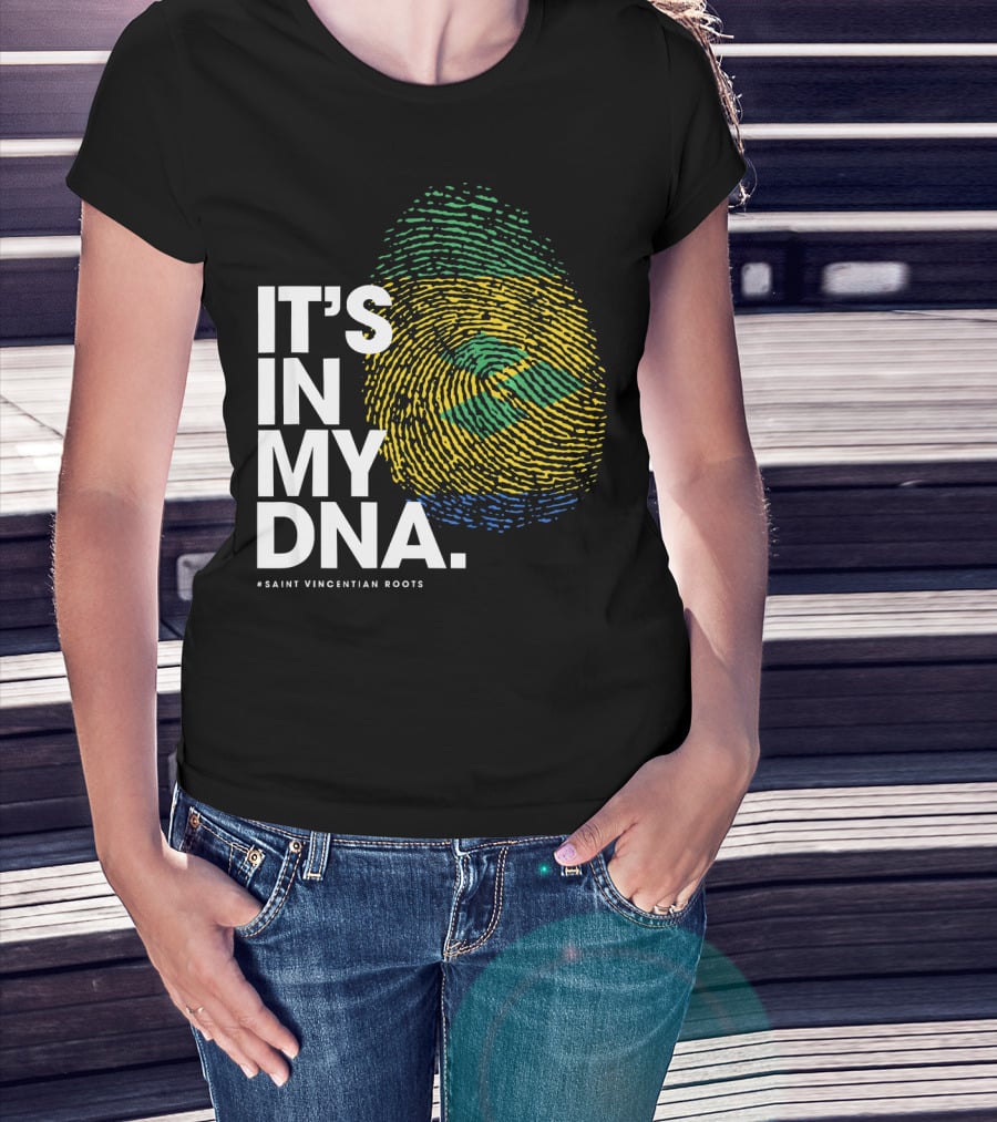IT'S IN MY DNA Saint Vincentian Roots Fingerprint Flag Colors T-Shirt