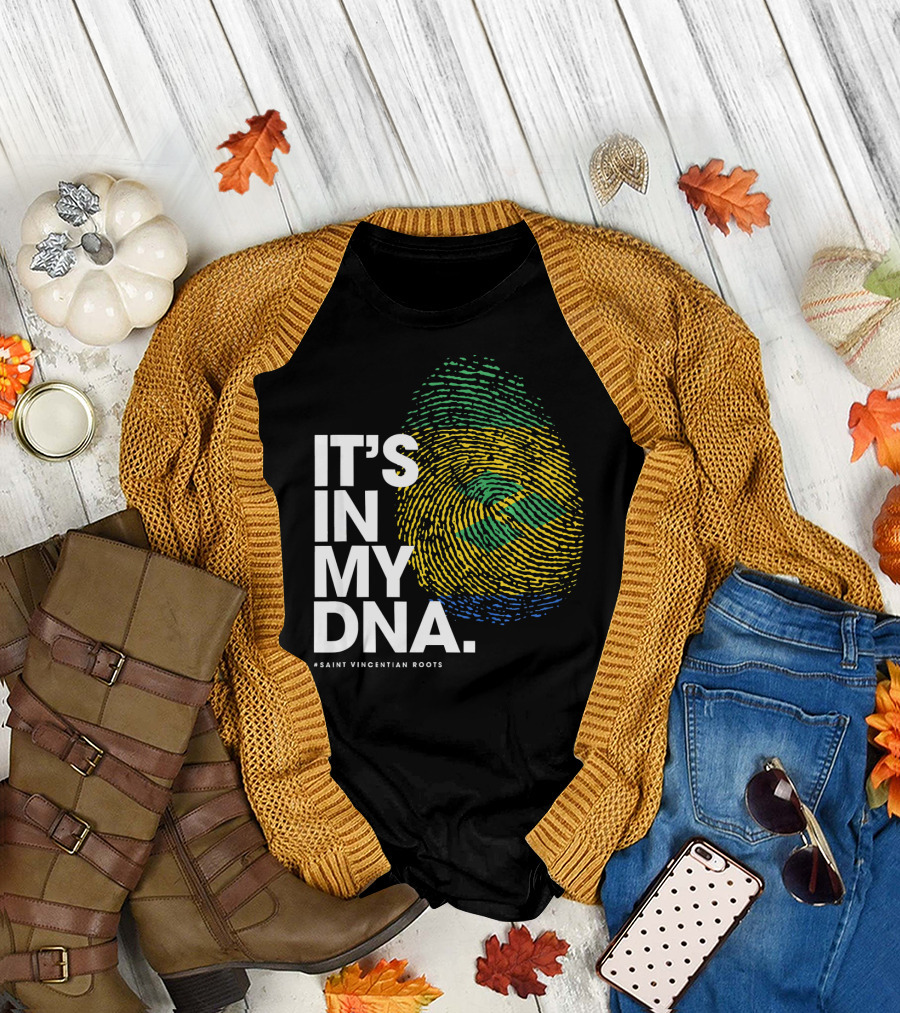 IT'S IN MY DNA Saint Vincentian Roots Fingerprint Flag Colors T-Shirt