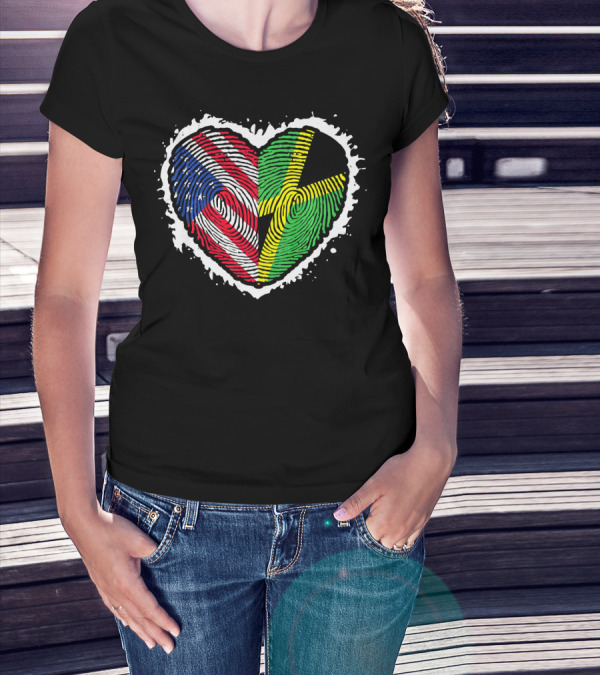 Fingerprint DNA Heart Love Jamaica USA Flag T-Shirt