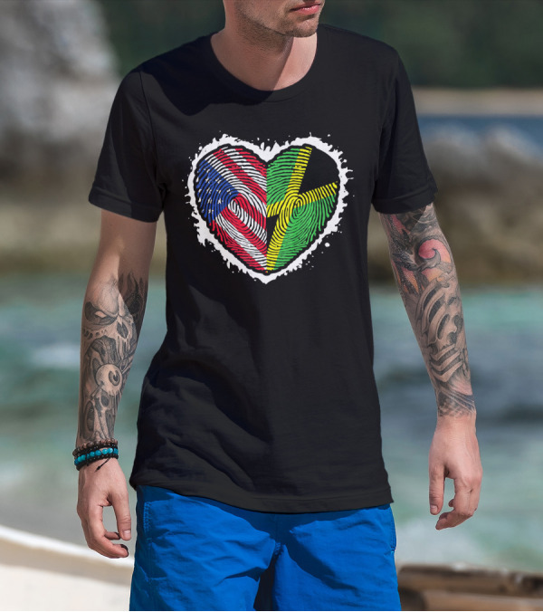 Fingerprint DNA Heart Love Jamaica USA Flag T-Shirt