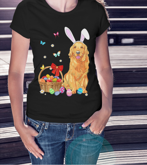 Golden Retriever Bunny Ears Easter Eggs Basket Butterflies T-Shirt