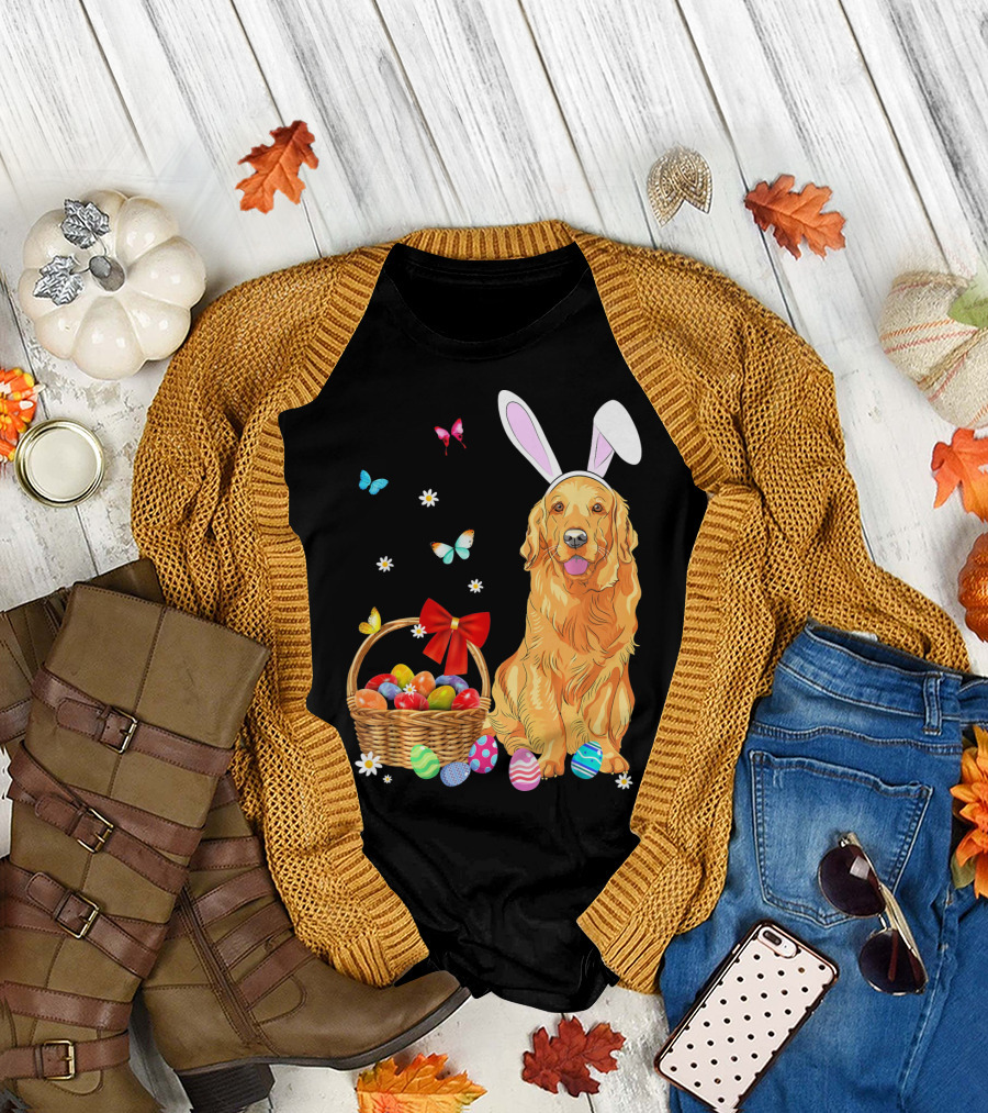 Golden Retriever Bunny Ears Easter Eggs Basket Butterflies T-Shirt