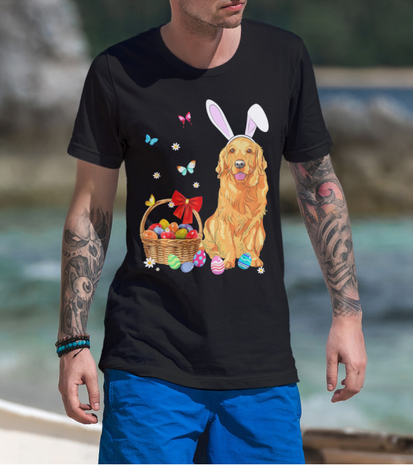 Golden Retriever Bunny Ears Easter Eggs Basket Butterflies T-Shirt