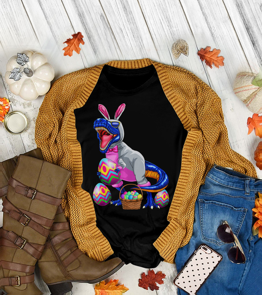 Easter Bunny T-Rex Dinosaur with Colorful Eggs T-Shirt