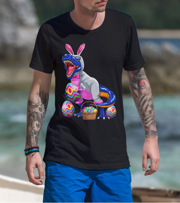 Easter Bunny T-Rex Dinosaur With Colorful Eggs T-Shirt