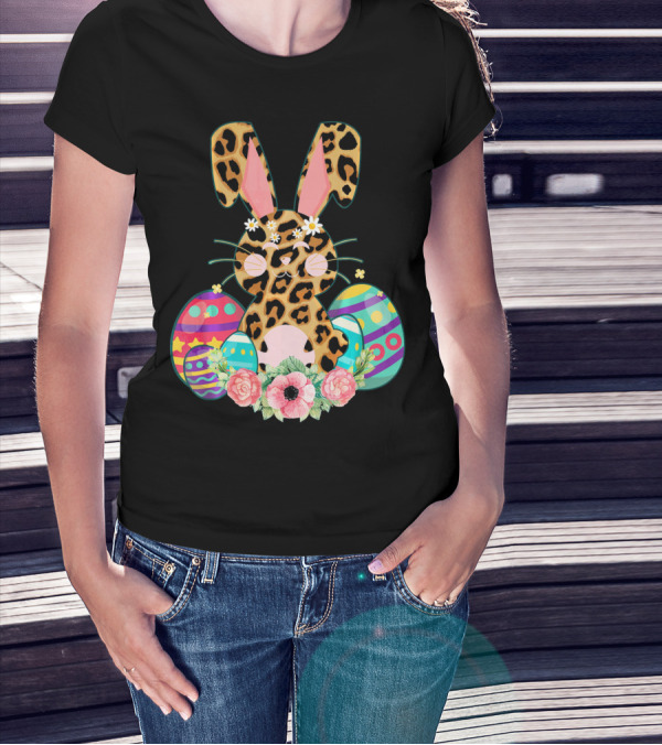 Bunny Leopard Print Floral Cute Easter Eggs T-Shirt