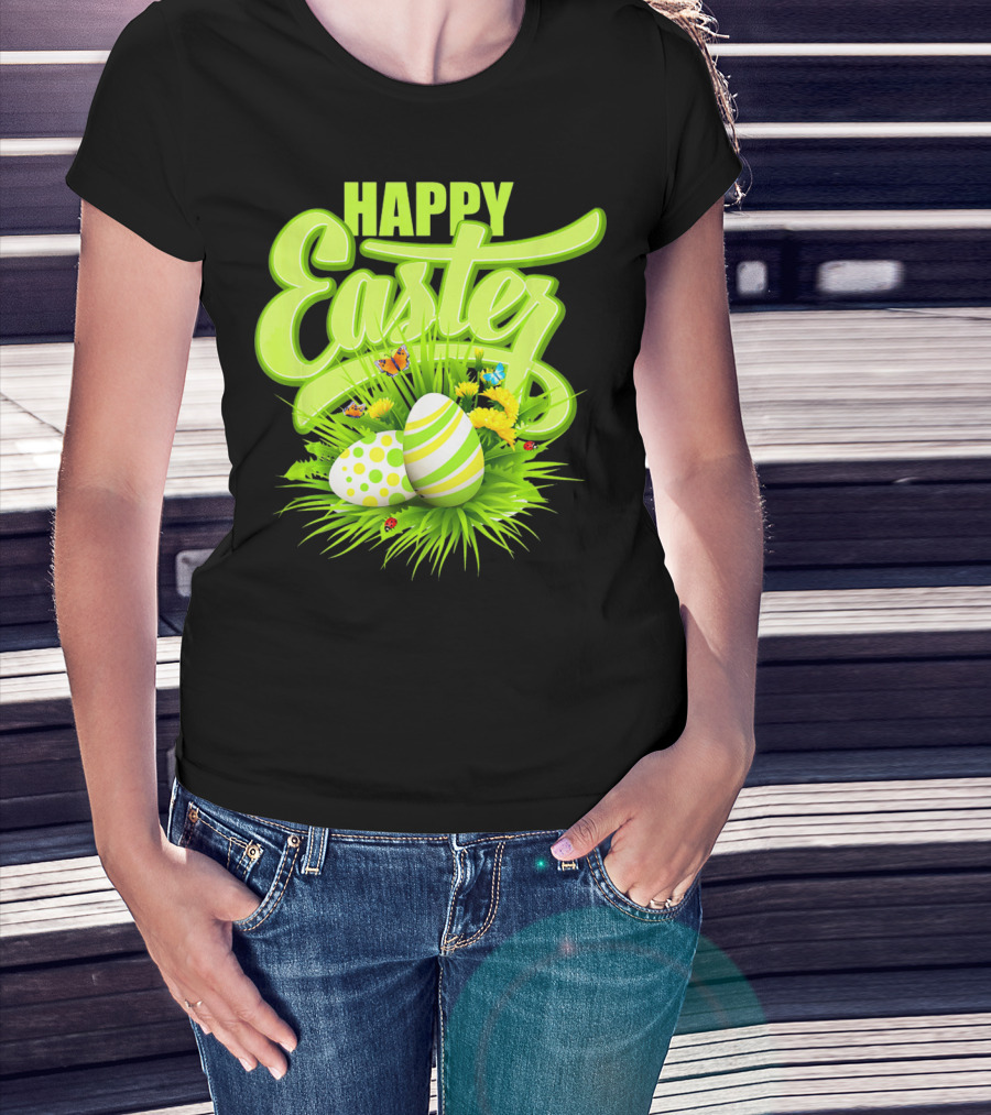 Happy Easter Eggs Green Spring Flowers Butterflies T-Shirt