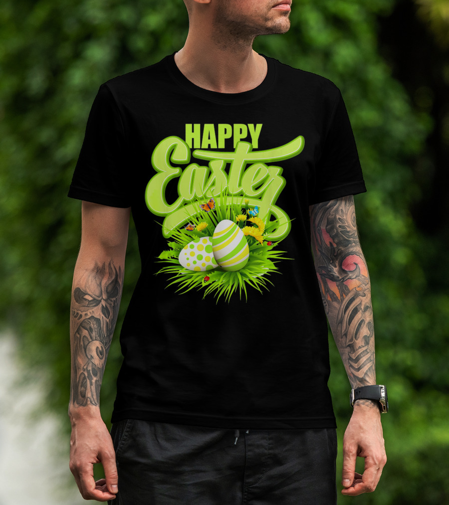 Happy Easter Eggs Green Spring Flowers Butterflies T-Shirt