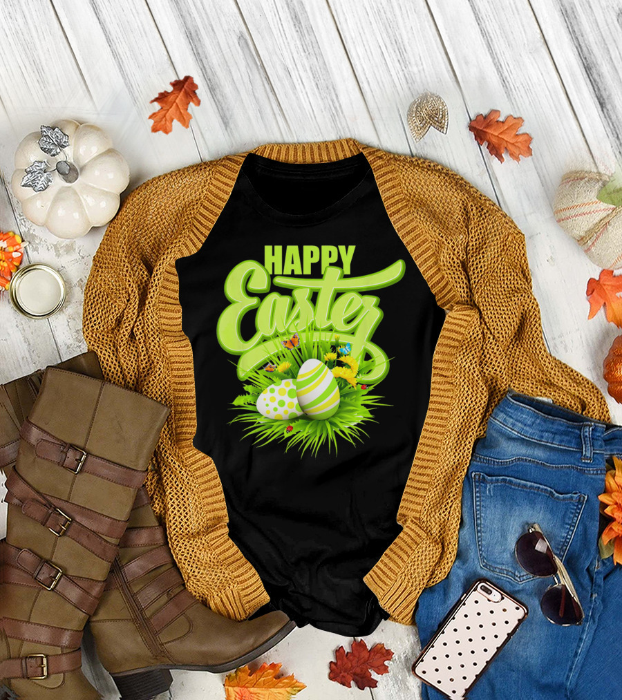 Happy Easter Eggs Green Spring Flowers Butterflies T-Shirt