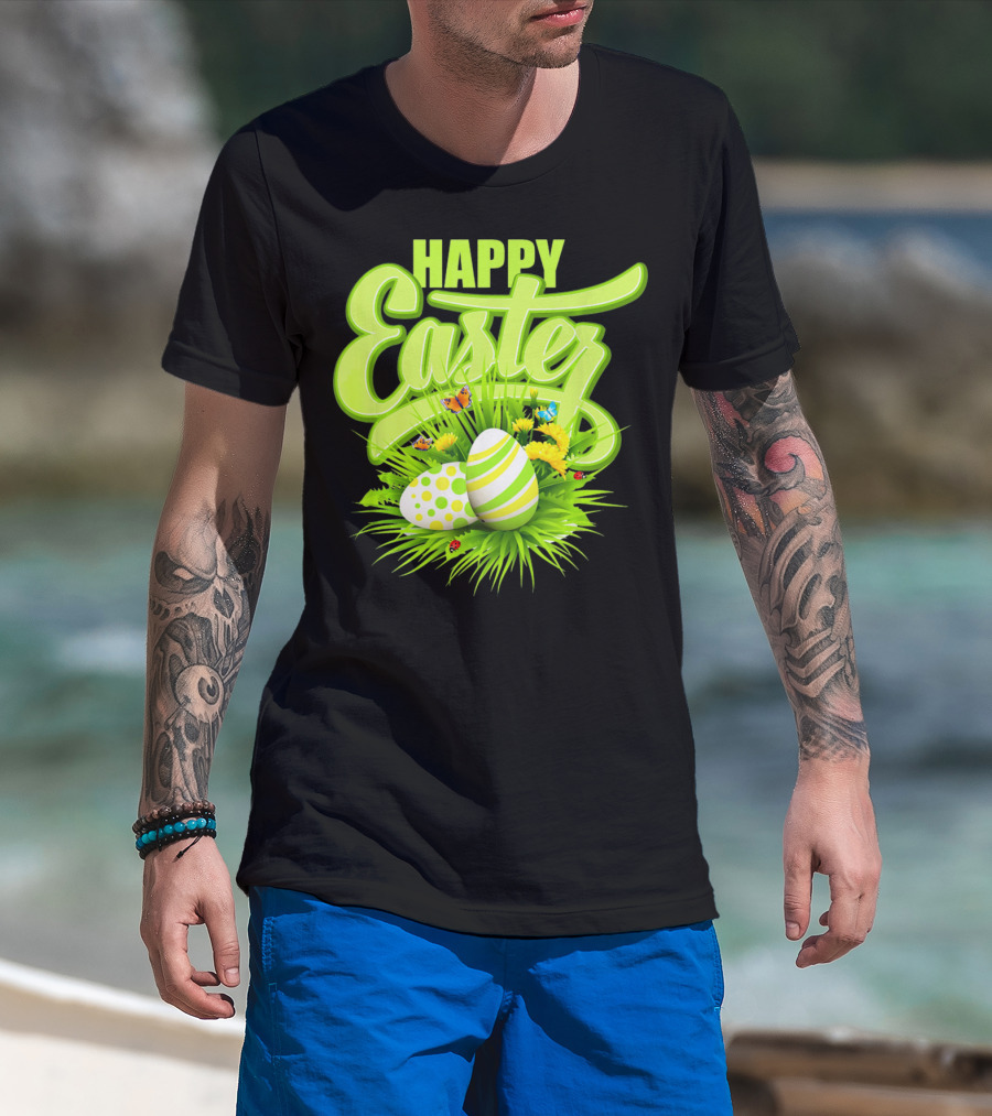 Happy Easter Eggs Green Spring Flowers Butterflies T-Shirt