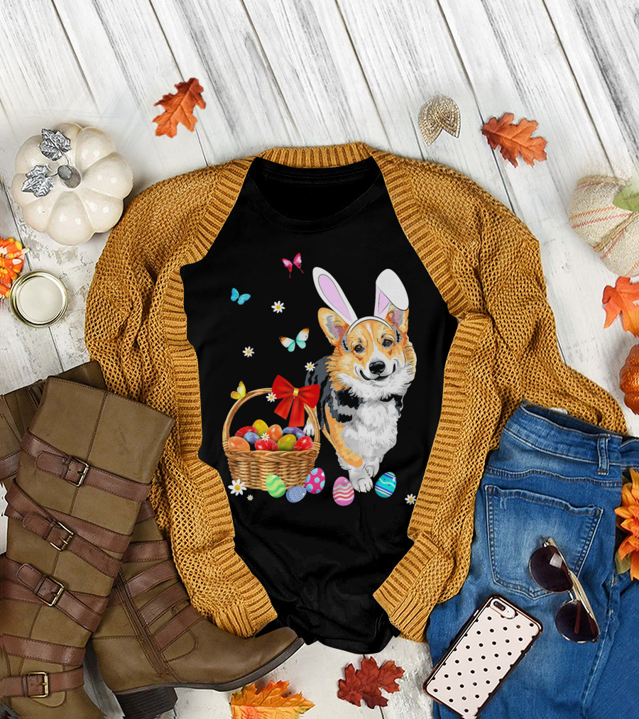 Welsh Corgi Bunny Ear Rabbit Easter Eggs Basket Butterflies T-Shirt