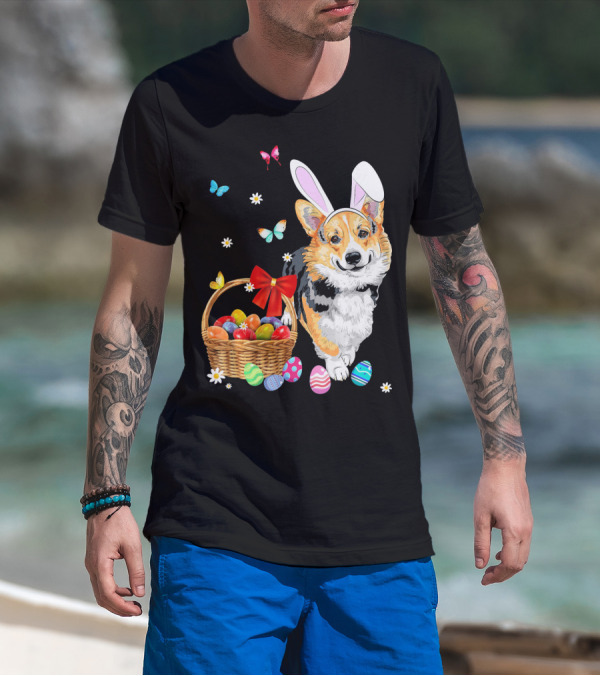 Welsh Corgi Bunny Ear Rabbit Easter Eggs Basket Butterflies T-Shirt