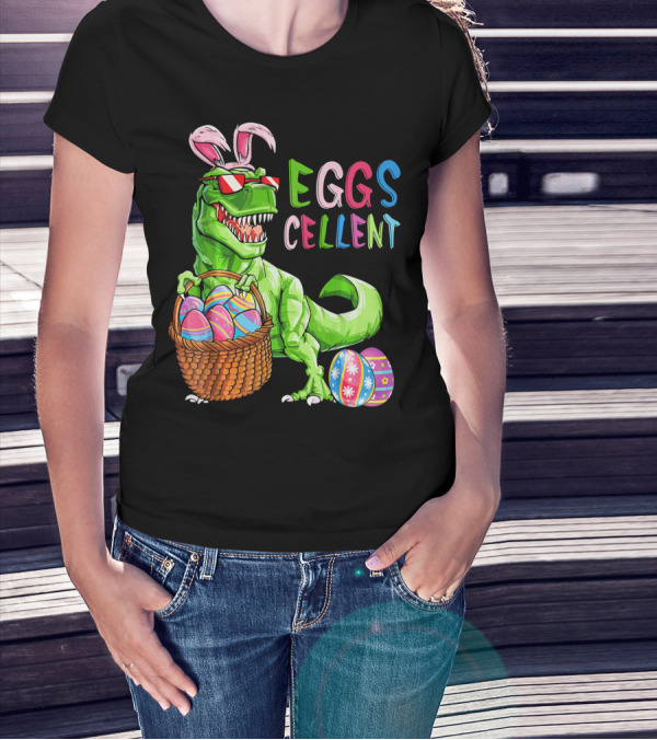 EGGS-cellent Green Dinosaur With Bunny Ears And Easter Eggs T-Shirt