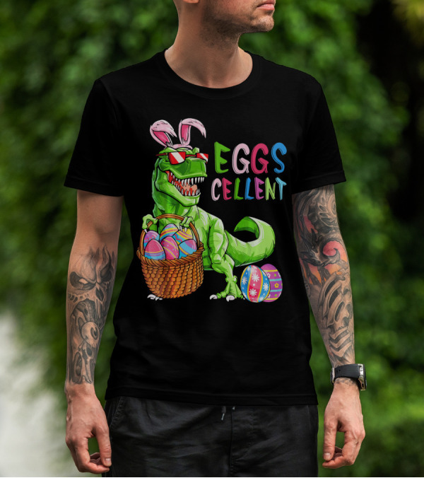 EGGS-cellent Green Dinosaur With Bunny Ears And Easter Eggs T-Shirt