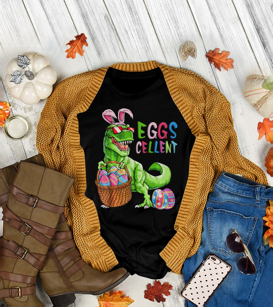 EGGS-cellent Green Dinosaur with Bunny Ears and Easter Eggs T-Shirt
