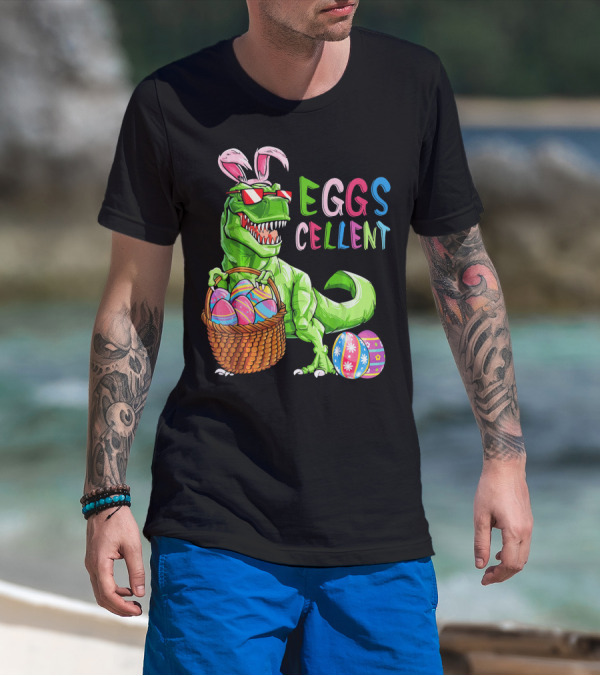 EGGS-cellent Green Dinosaur With Bunny Ears And Easter Eggs T-Shirt