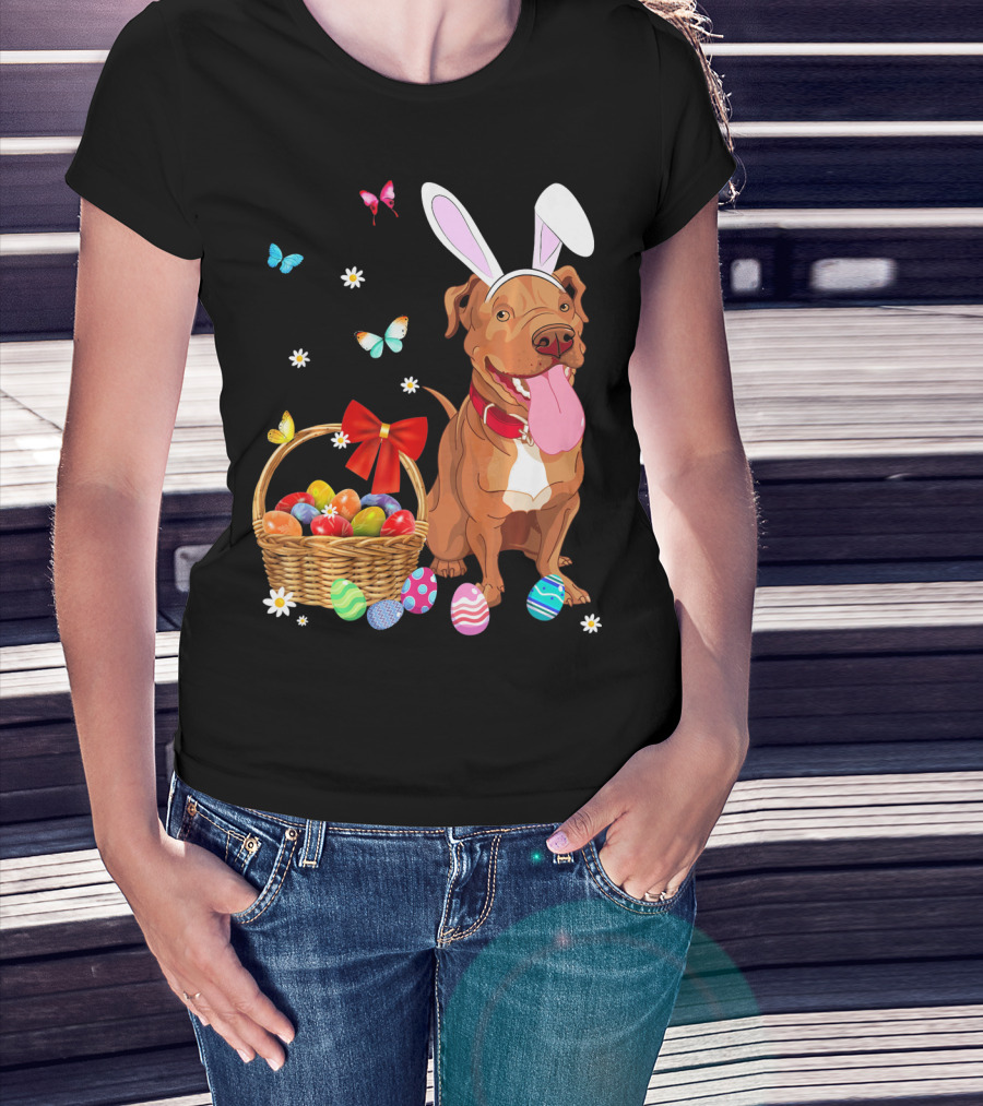 Pitbull With Bunny Ears And Easter Eggs Basket With Butterflies And Flowers T-Shirt