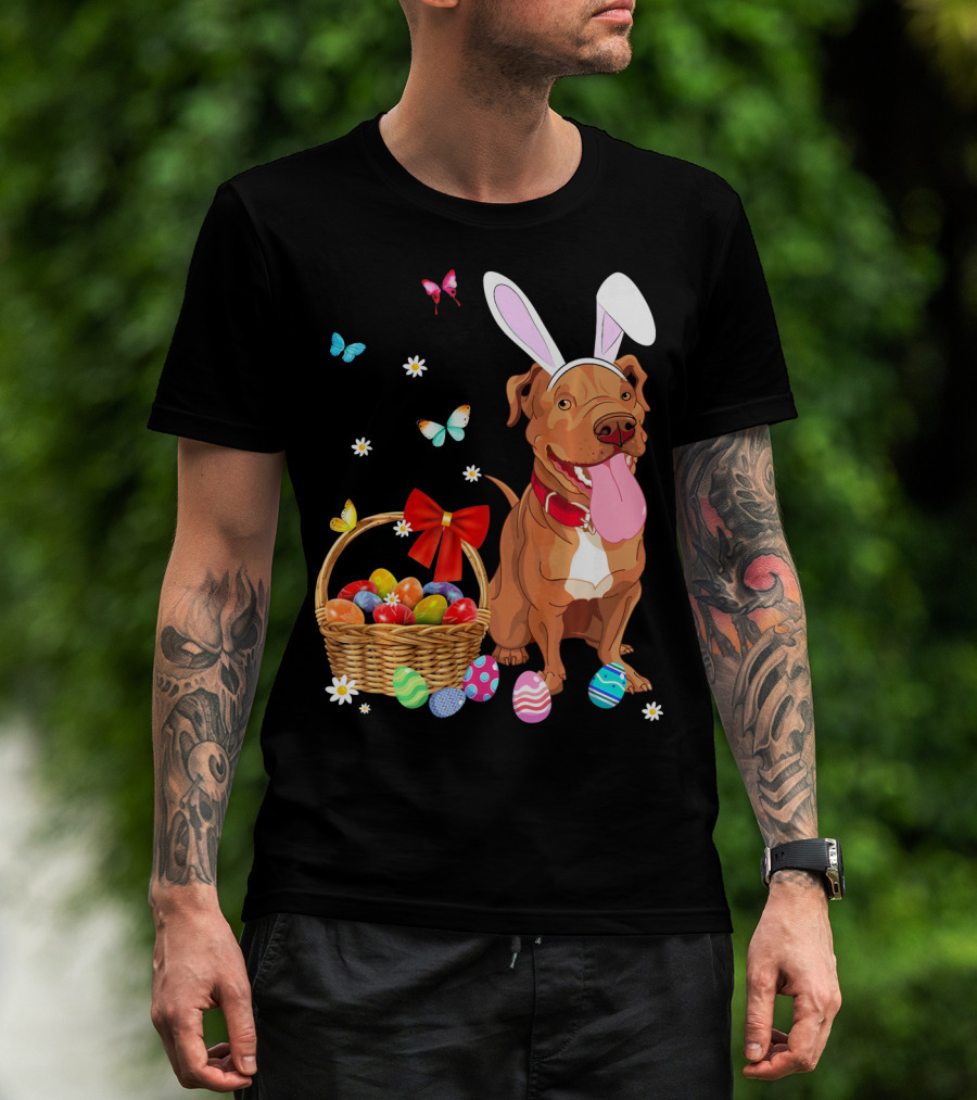 Pitbull With Bunny Ears And Easter Eggs Basket With Butterflies And Flowers T-Shirt