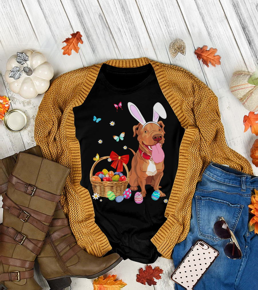 Pitbull With Bunny Ears And Easter Eggs Basket With Butterflies And Flowers T-Shirt