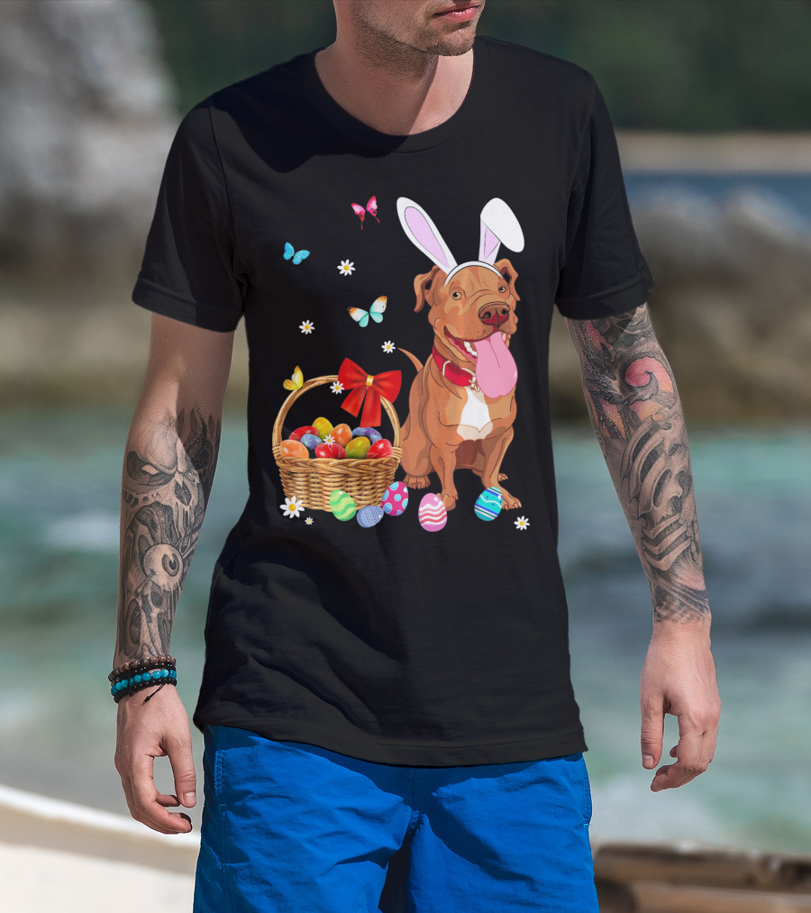 Pitbull With Bunny Ears And Easter Eggs Basket With Butterflies And Flowers T-Shirt
