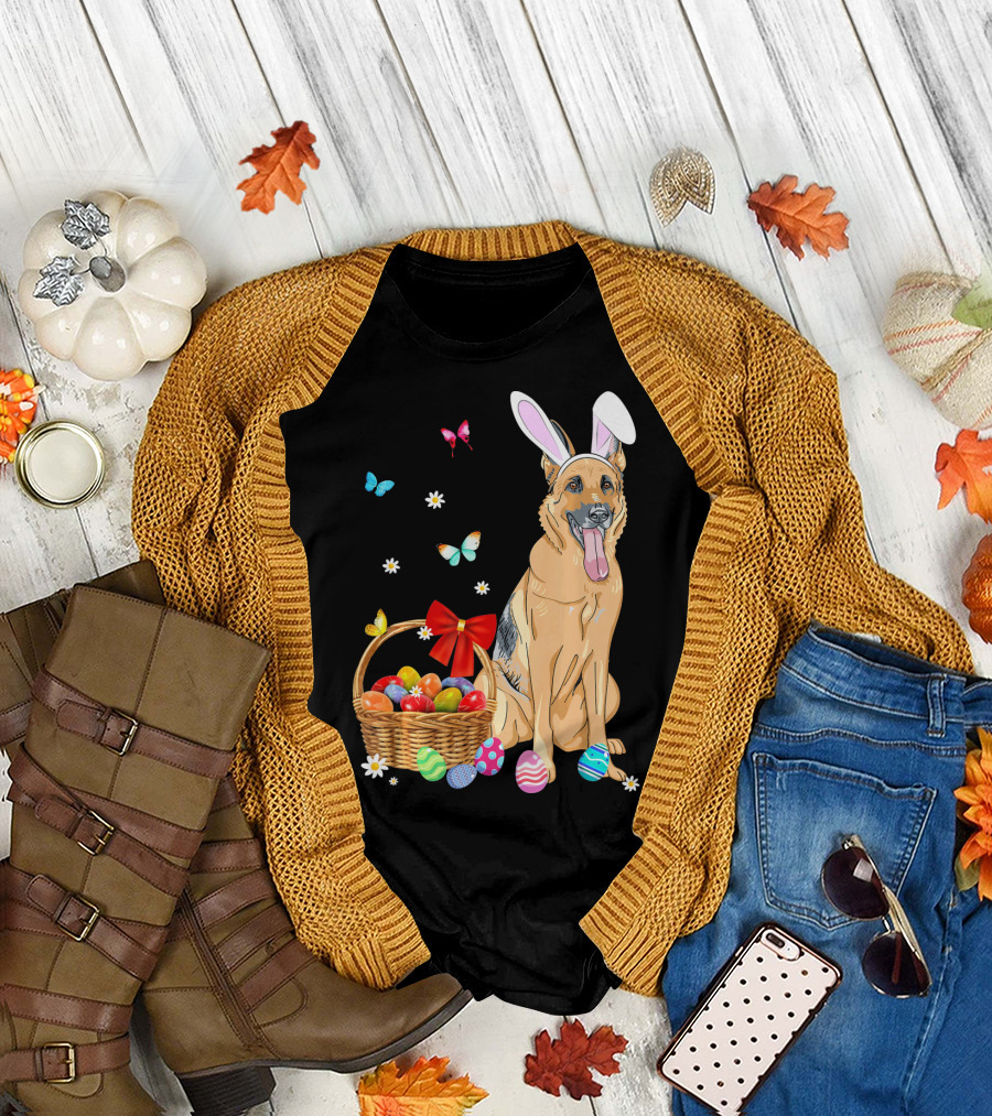 German Shepherd Bunny Ears Rabbit Easter Eggs Basket Butterflies T-Shirt