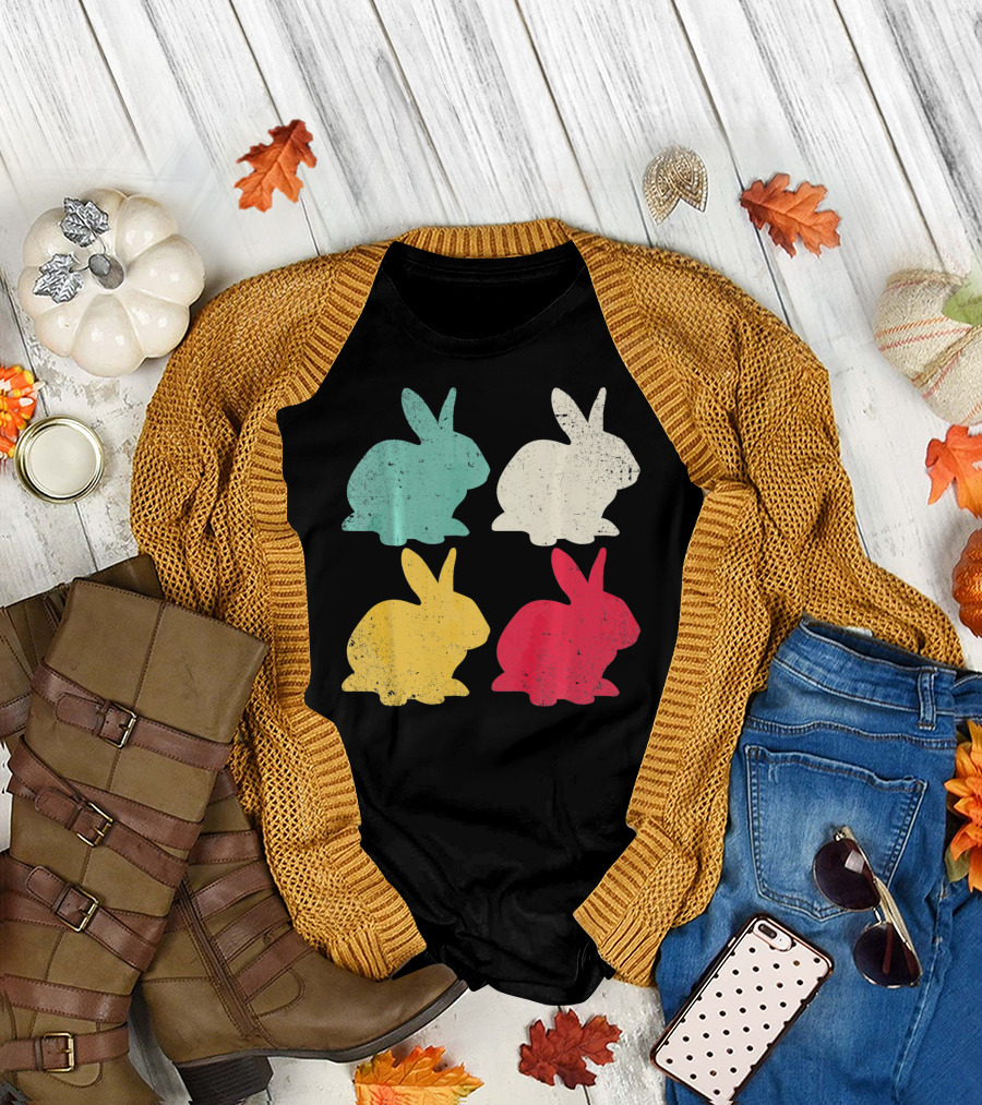 Retro Easter Bunny Rabbit Vintage Color Silhouette Quartet T-Shirt