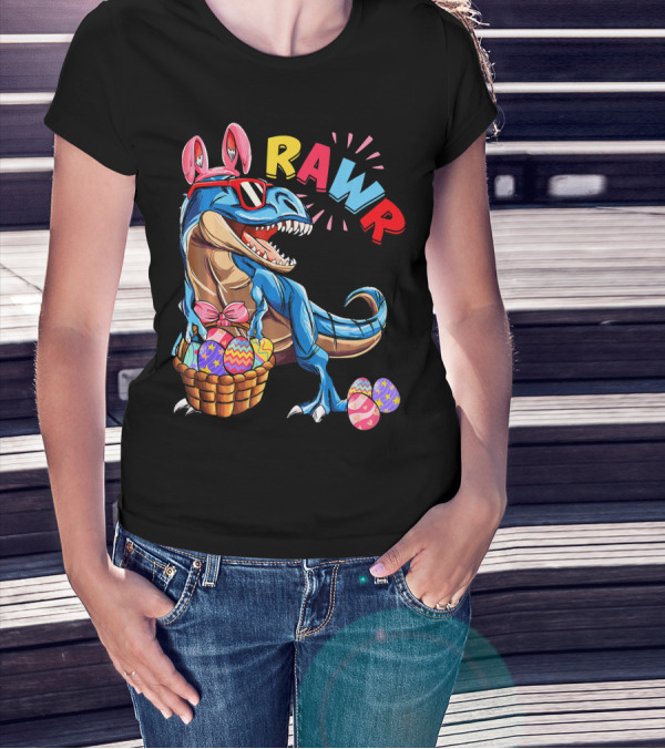 Dinosaur Easter Bunny Rex Rawr With Eggs And Basket T-Shirt