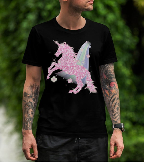 Pink Sparkle Unicorn With Easter Flowers And Rainbow Mane T-Shirt