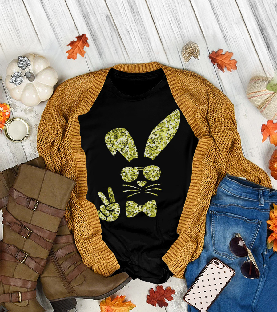 Easter Bunny Girls Cute Gold Glitter Bunny with Sunglasses and Bow Tie T-Shirt