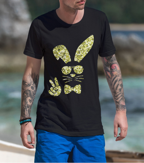 Easter Bunny Girls Cute Gold Glitter Bunny With Sunglasses And Bow Tie T-Shirt