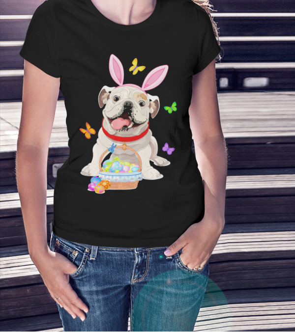 English Bulldog With Bunny Ears And Easter Egg Basket With Butterflies T-Shirt