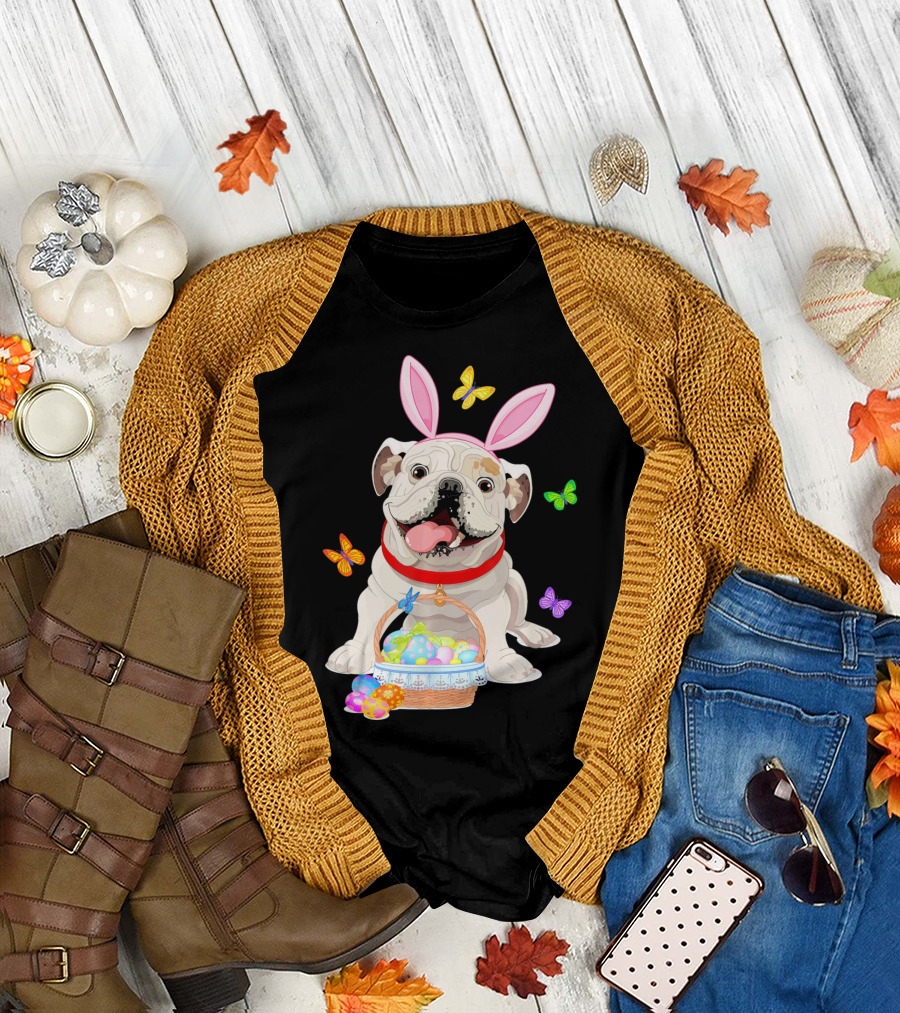 English Bulldog with Bunny Ears and Easter Egg Basket with Butterflies T-Shirt