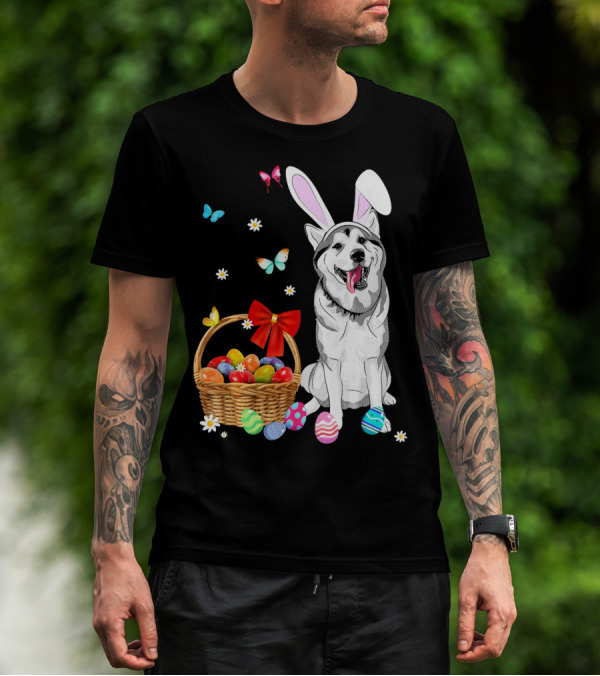 Siberian Husky Bunny Ears Easter Basket Eggs Butterflies T-Shirt