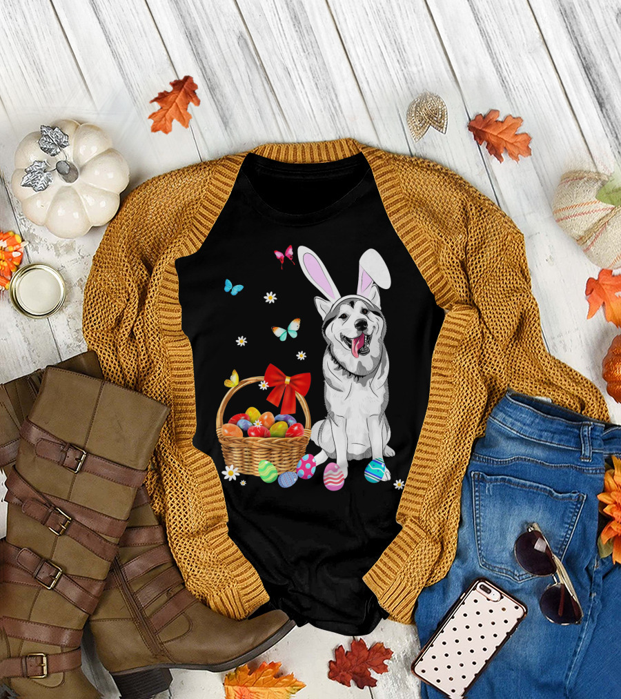 Siberian Husky Bunny Ears Easter Basket Eggs Butterflies T-Shirt