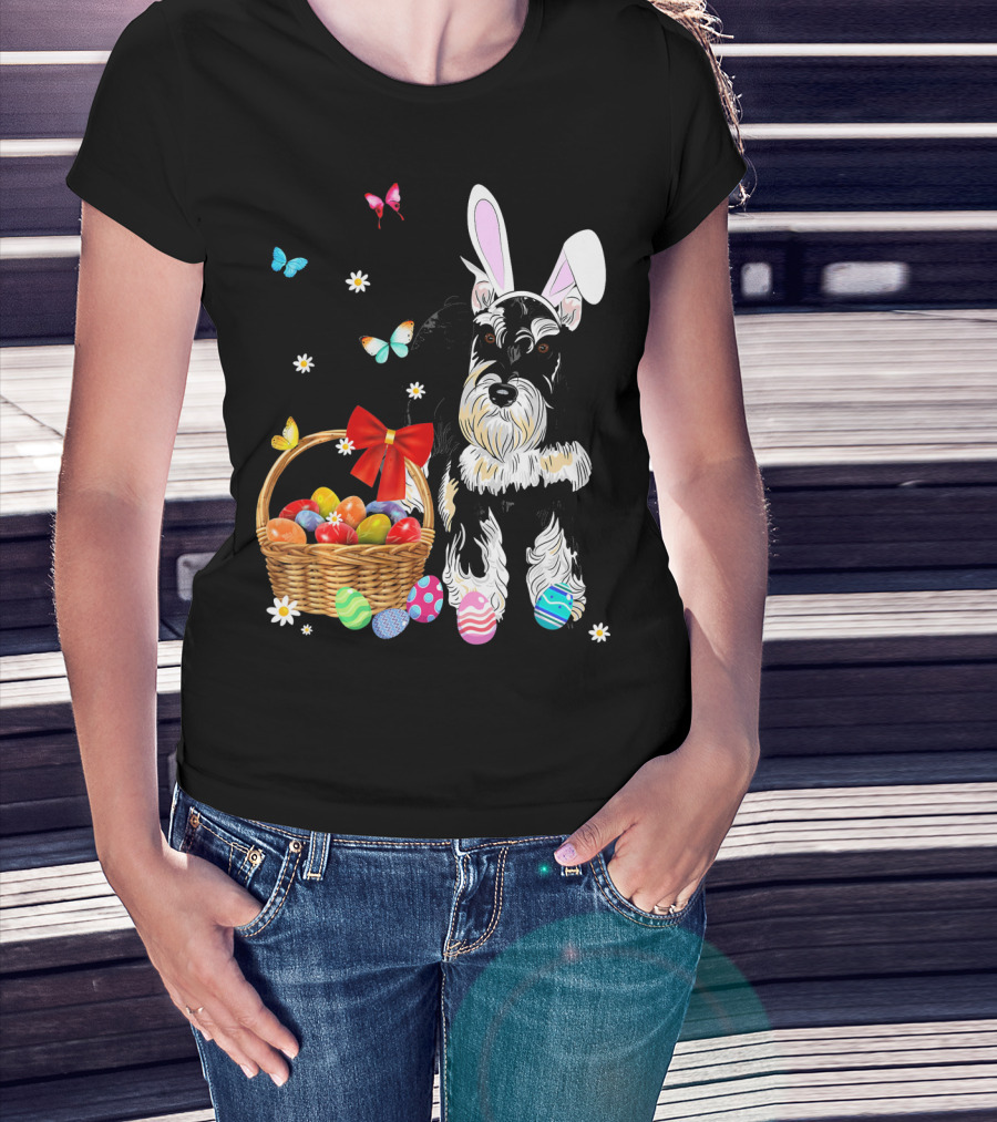 Miniature Schnauzer Bunny Ear With Easter Egg Basket And Butterflies T-Shirt
