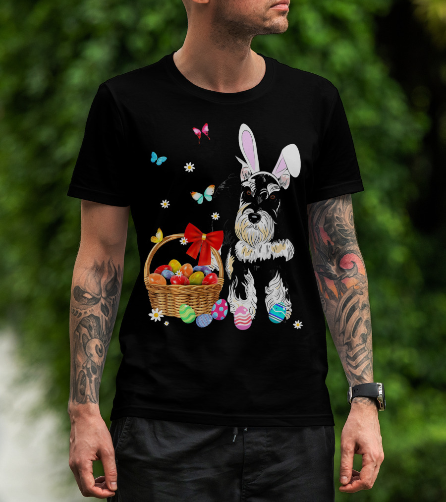 Miniature Schnauzer Bunny Ear With Easter Egg Basket And Butterflies T-Shirt