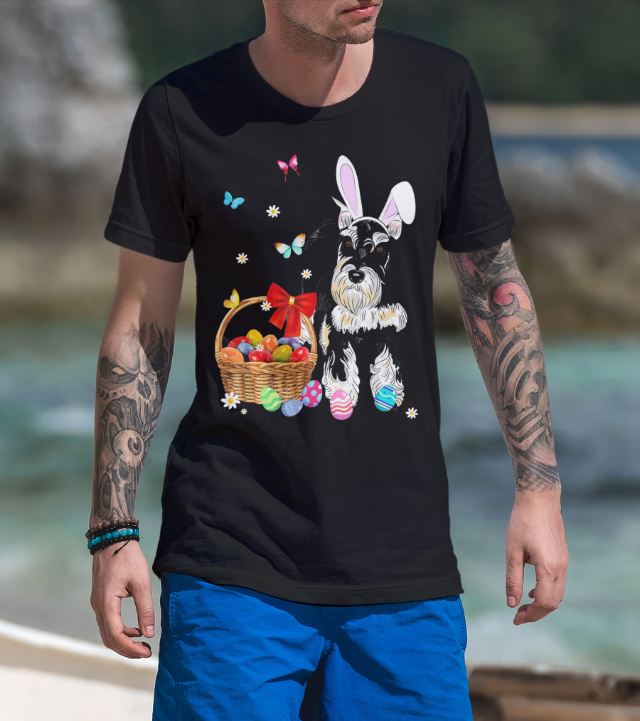 Miniature Schnauzer Bunny Ear With Easter Egg Basket And Butterflies T-Shirt