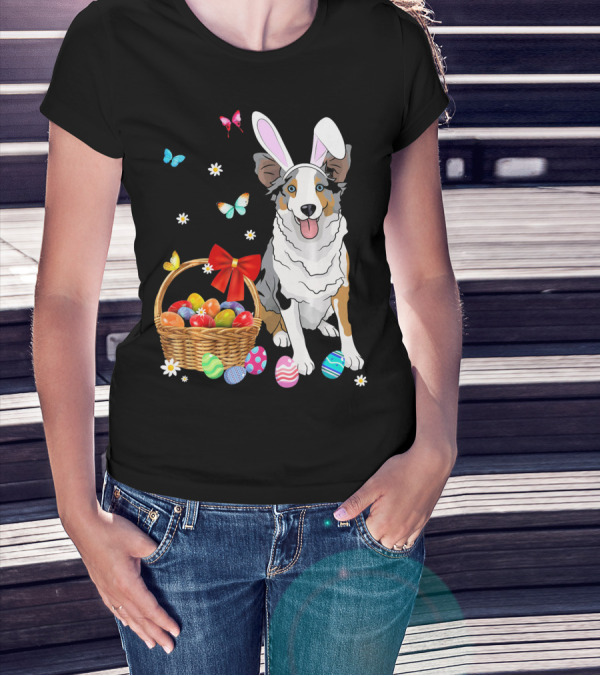 Australian Shepherd Bunny Ear Butterflies Basket Easter Egg Flowers T-Shirt