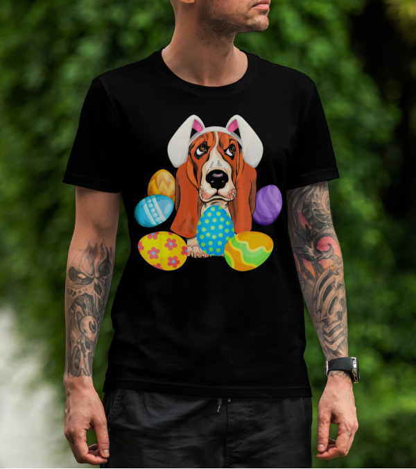 Basset Hound Bunny Rabbit Hat Easter Eggs Playful Scene T-Shirt